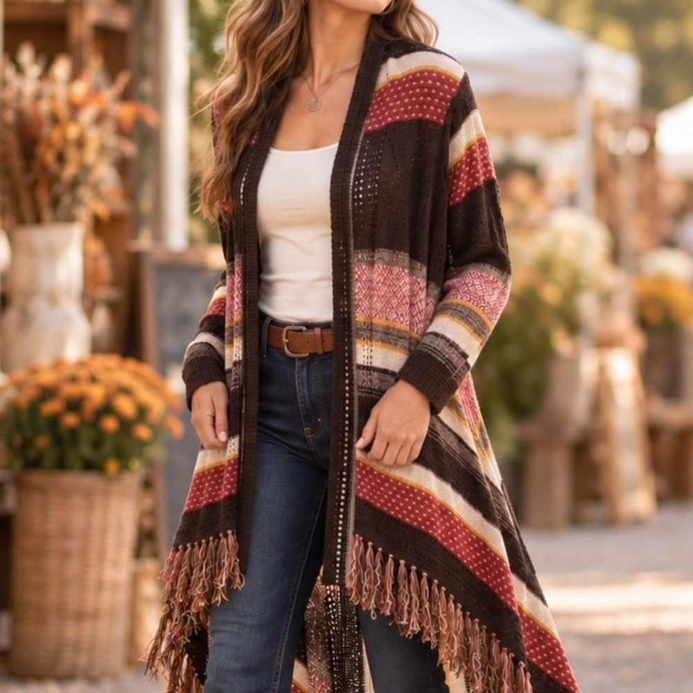 Maurices Womens Open Front Duster Cardigan Sweater Fringe Striped Brown Small